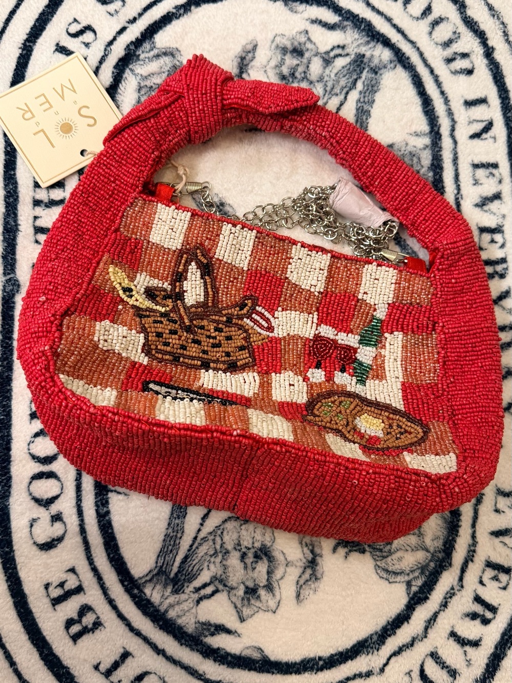 Red Beaded Picnic-Check Mini Shoulder Bag